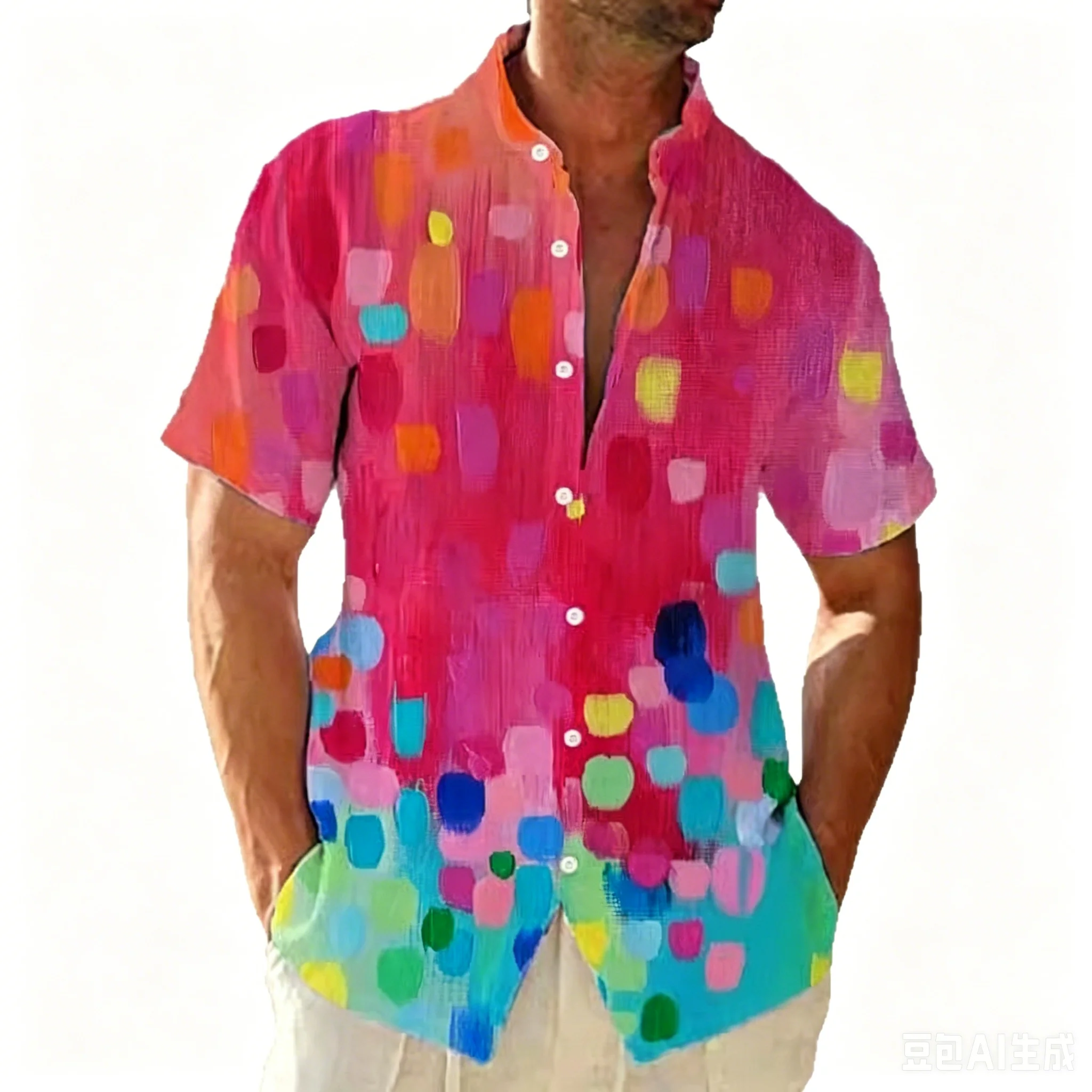 Men's Multicolor Rounded Vertical Stripe Short Sleeve Shirt Lapel Button Placket Retro Street Look Mens Summer Holiday Outfits