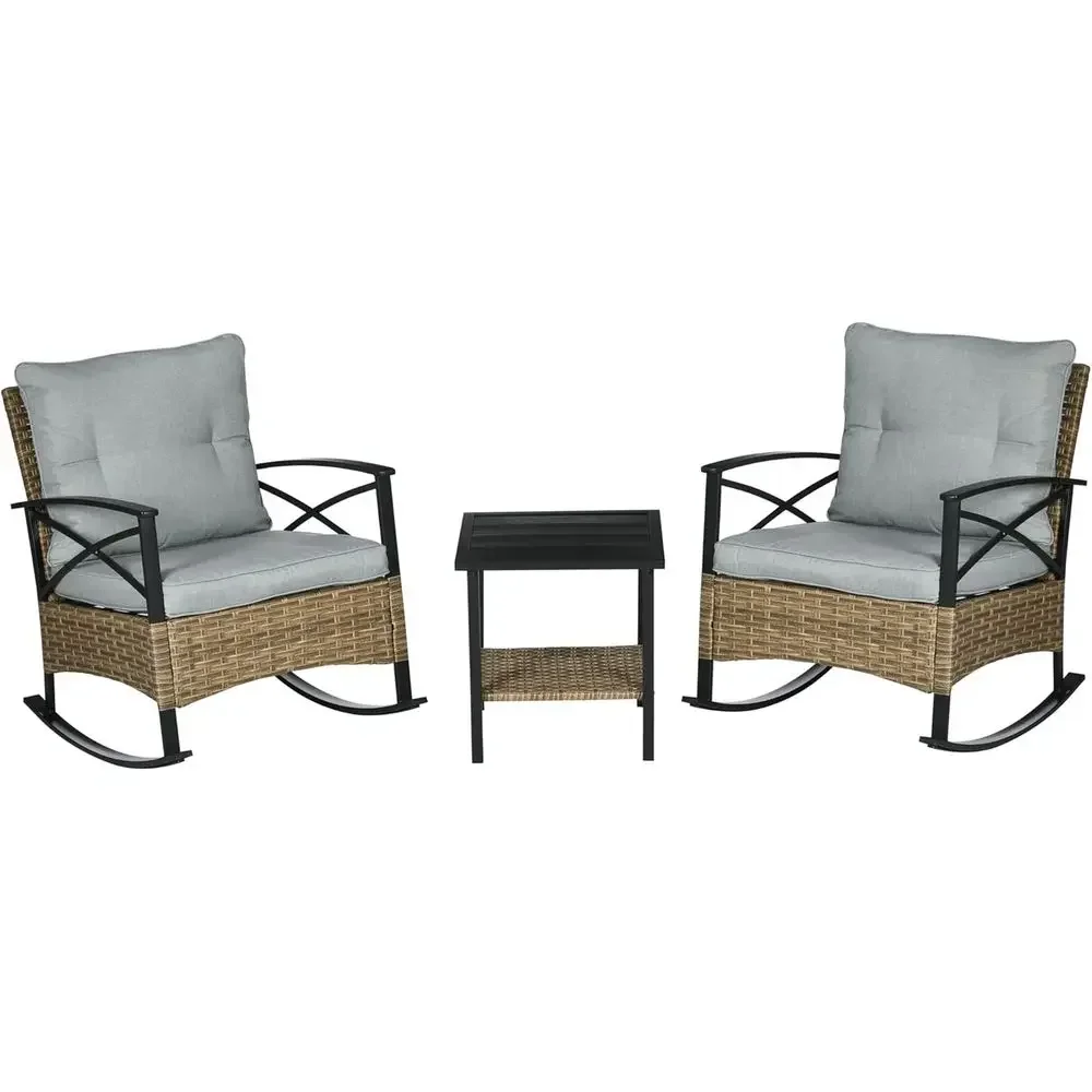 Light Gray Outdoor Wicker 3-Piece Bistro Set with Cushioned Rocking Chairs and 2-Tier Coffee Table