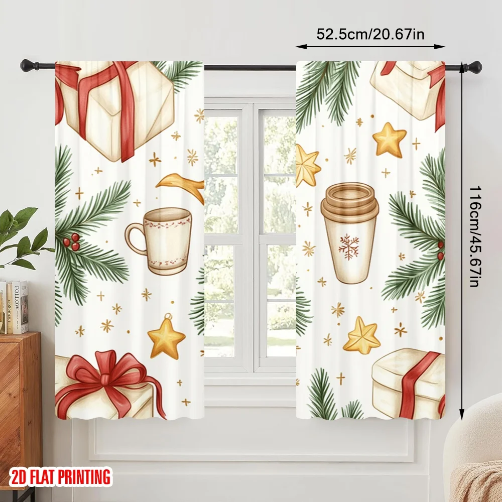 2pcs,2D plane printing Popular Curtain Panels Christmas Tree Mug Snowflakes Gifts (3) 100% Polyester (without rod) Room Decor
