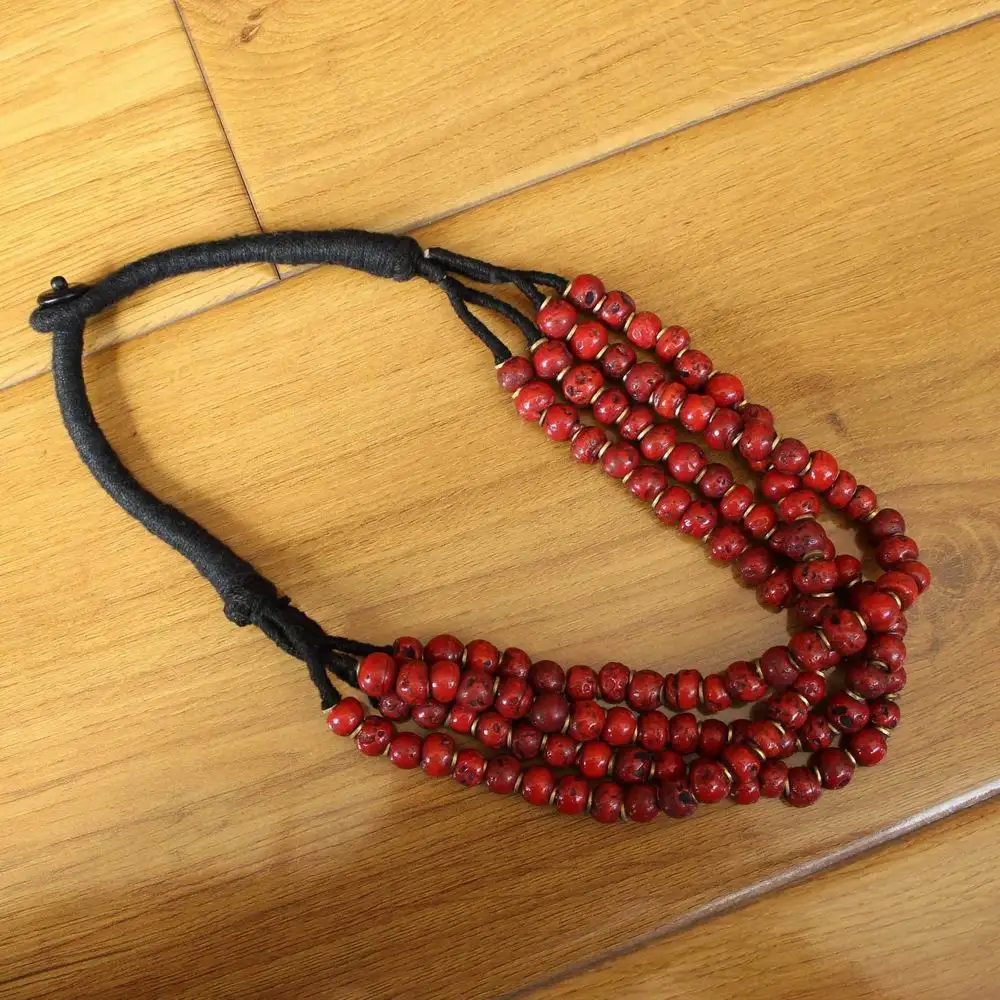 NK256 Ethnic Tibetan Jewelry 4 Rows Brass Metal 10mm Red Glass Beaded Necklace For Women