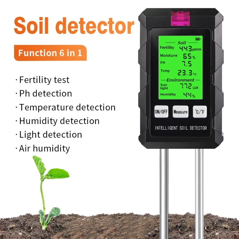 

6 in 1 Digital Soil Tester Multifunctional Soil PH Detector Moisture Fertility pH Temperature Humidity Light Meter for Garden