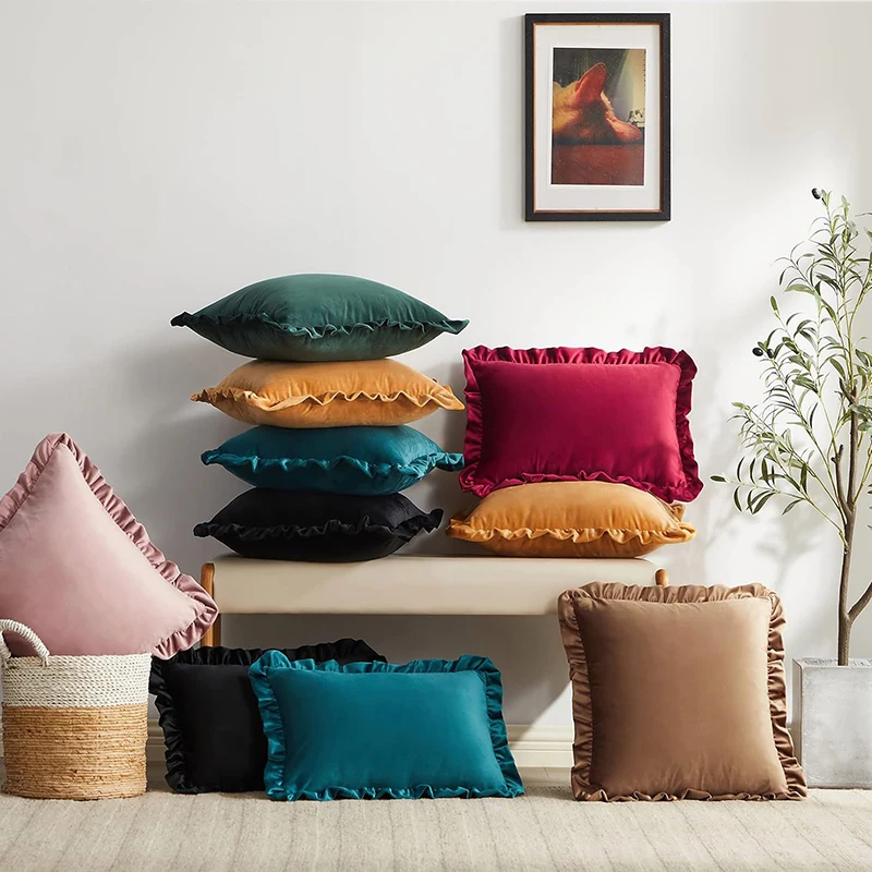 Retro Ruffle ​Velvet Throw Pillow Covers French Cushion Case with Envelope Closure for Sofa Couch Bed Living Room HomeDecoration