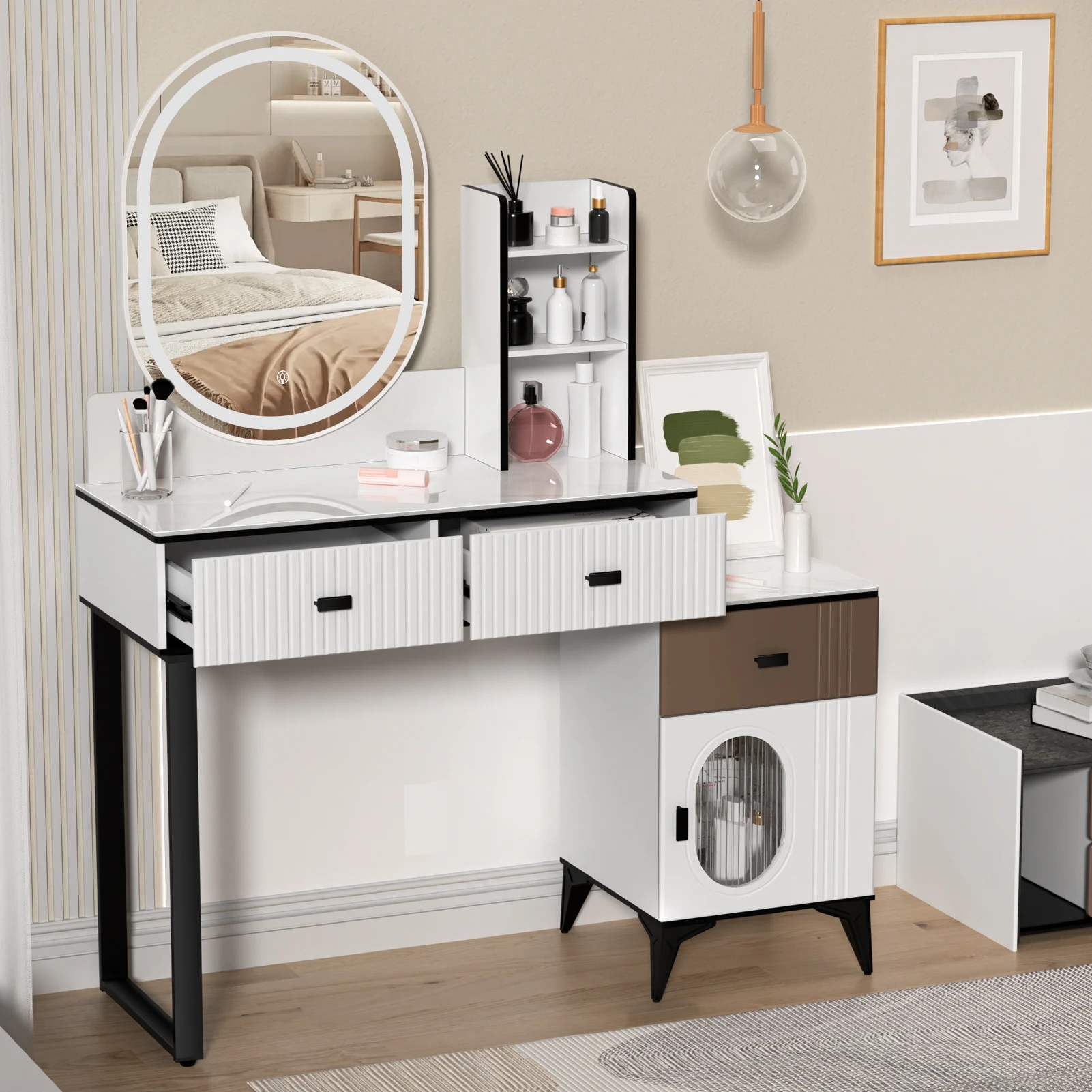 Makeup Desk with Mirror, Large Vanity Desk with Storage Shelves, 3 Drawers, Modern Vanity Table with Light