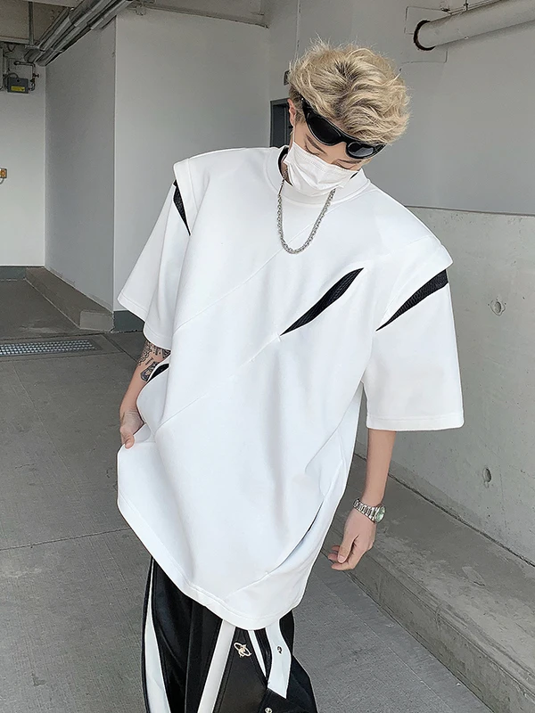 

Летняя мужская футболка с подплечниками, повседневная, с коротким рукавом, в стиле пэчворк, американский уличный стиль, с маленьким воротником, для отдыха