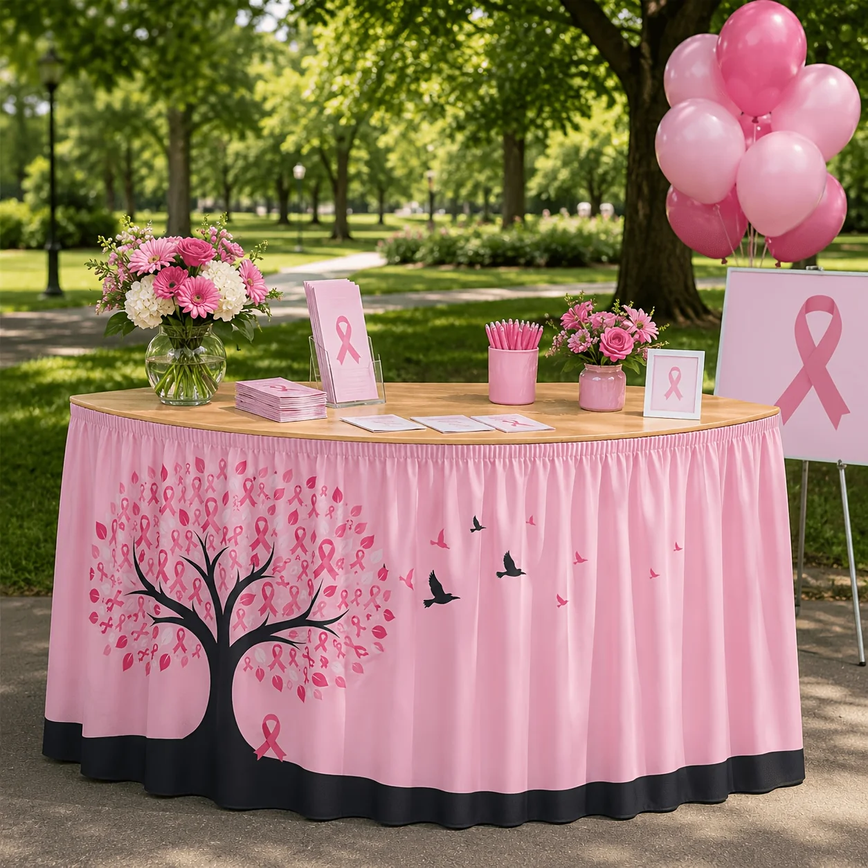 One tablecloth or table skirt. Breast cancer awareness theme table skirt. Hope Tree. Pink ribbon full leaf. Bird silhouette.zyc