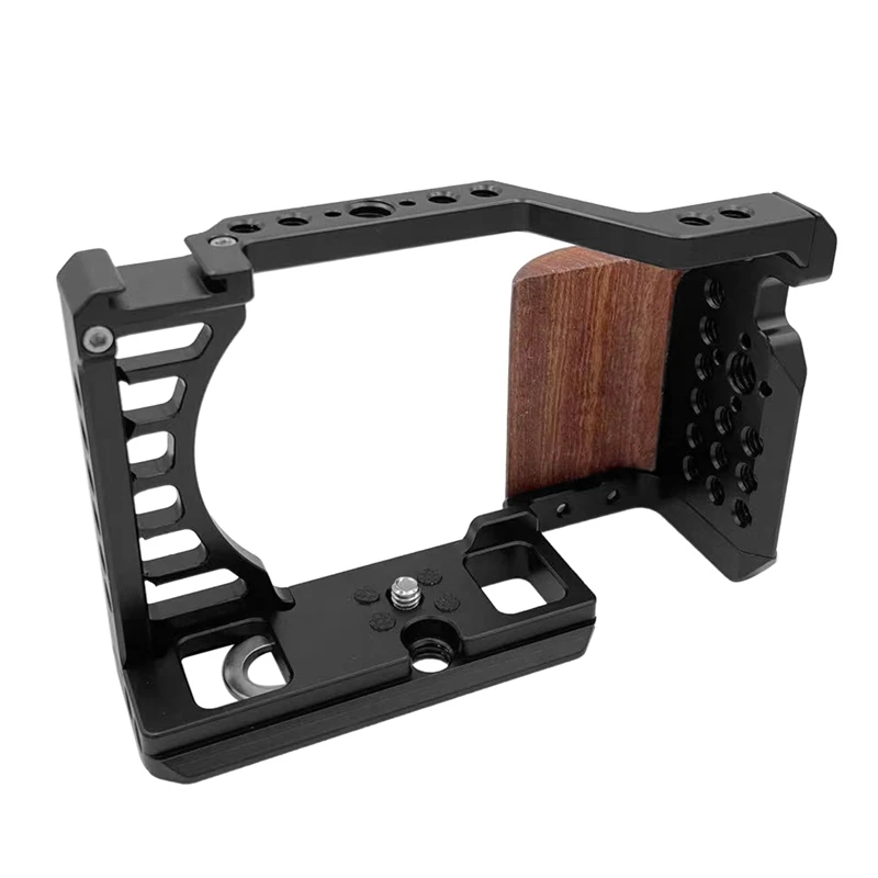 Camera Cage For Sony A7C Camera With Wooden Handle Protection Frame With Cold Shoe