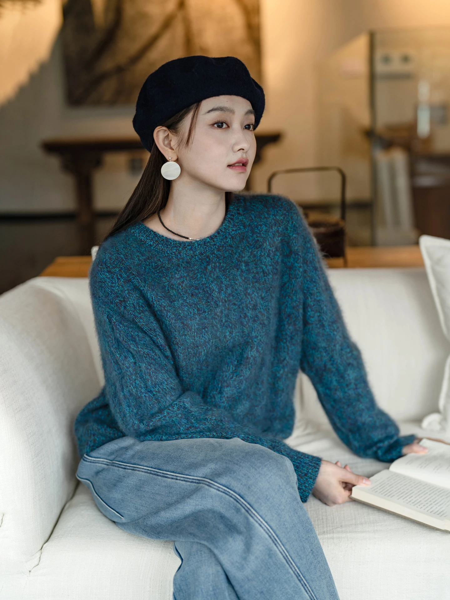 

Original Winter Wool Sweater 00% Soft Merino Wool Loose round Ne Knitted Top Comfortable Warm Starry Blue Women's Faion