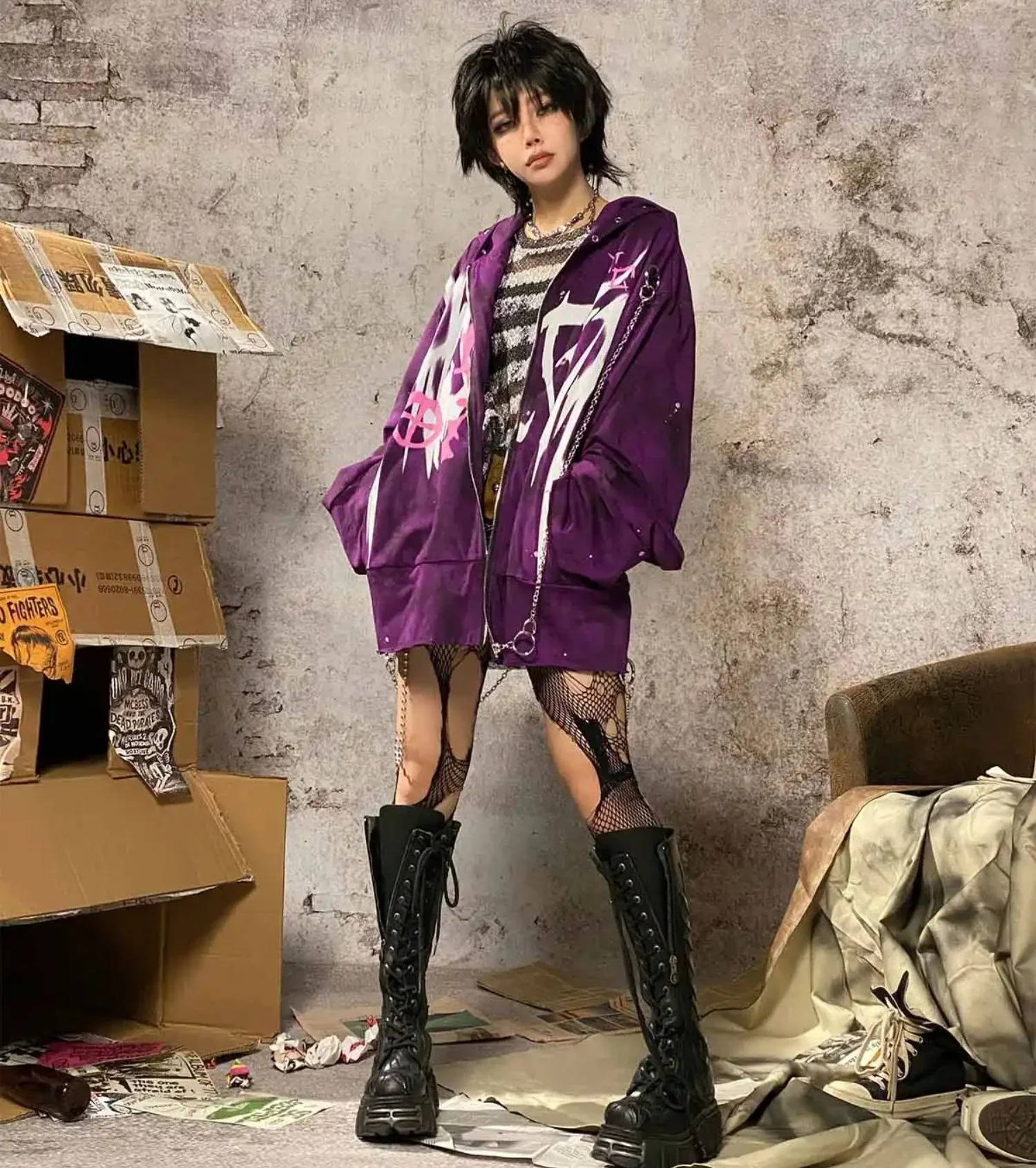 Y2K Aesthetic Purple Punk Hooded Cardigan Jacket 2000s Hot Girl Harajuku Graffiti Printed Metal Chain Loose Plus Size Hoodies