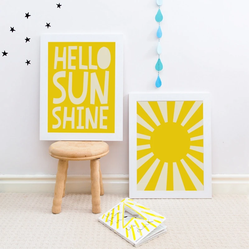 Kids Room Poster Print Yellow Hello Sun Shine Quote Nursery Wall Art Canvas Painting Wall Picture Playroom Art Wall 