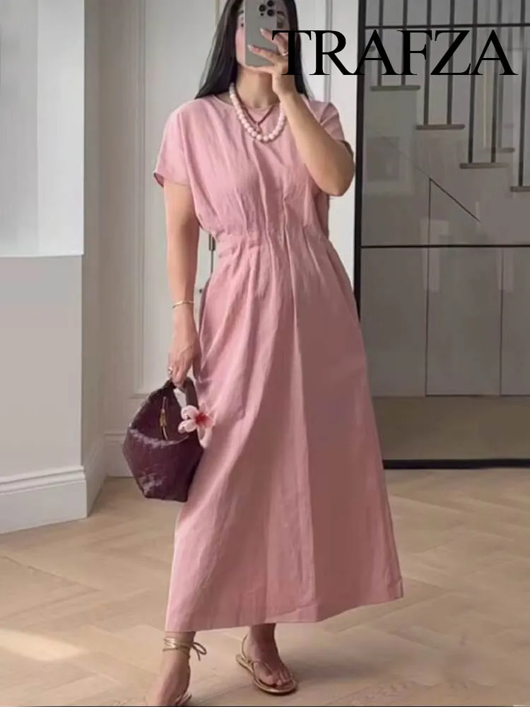 

TRAFZA Women Fashion Round Collar Pleated Decoration Pockets Dress Female Summer Slim Button Short Sleeve Waist Solid Midi Dress