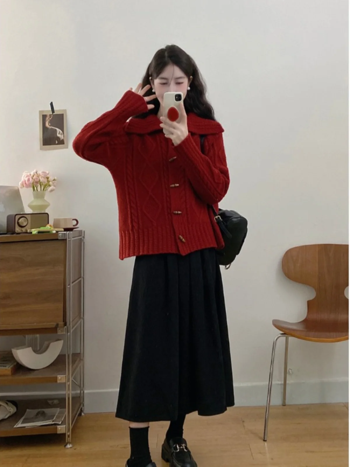 

plus Size Red Vintage Sweater Coat Women's Autumn New Sle Slimming High Waist Skirt Faionable Korean Loose Fit Long ...