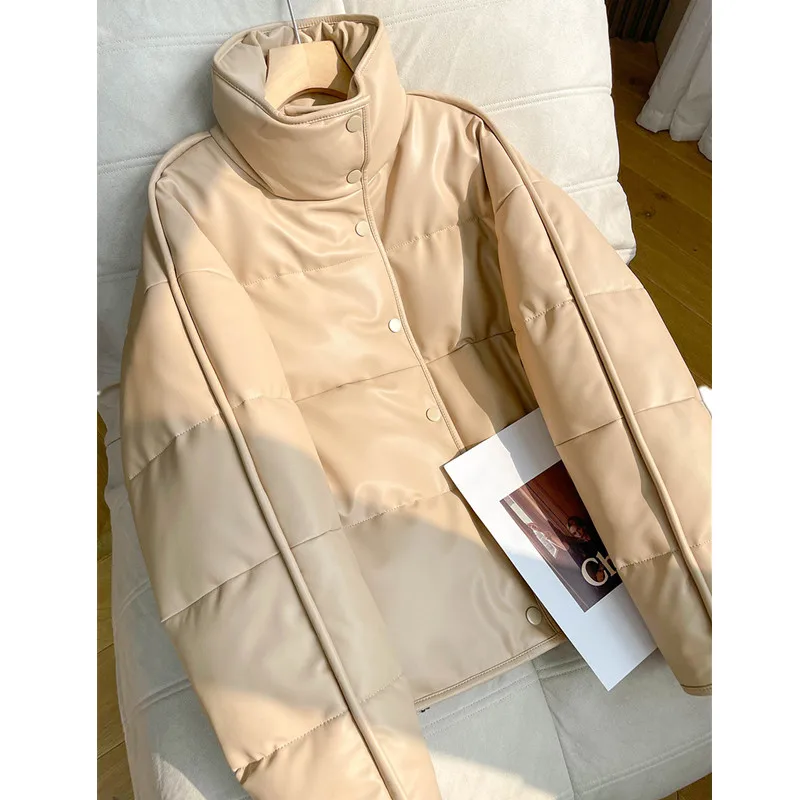 Chaqueta de plumón de piel de oveja para mujer con cuello de pie, abrigo de plumón blanco, abrigo de ajuste relajado, abrigo informal, bolsillos, marca, Invierno