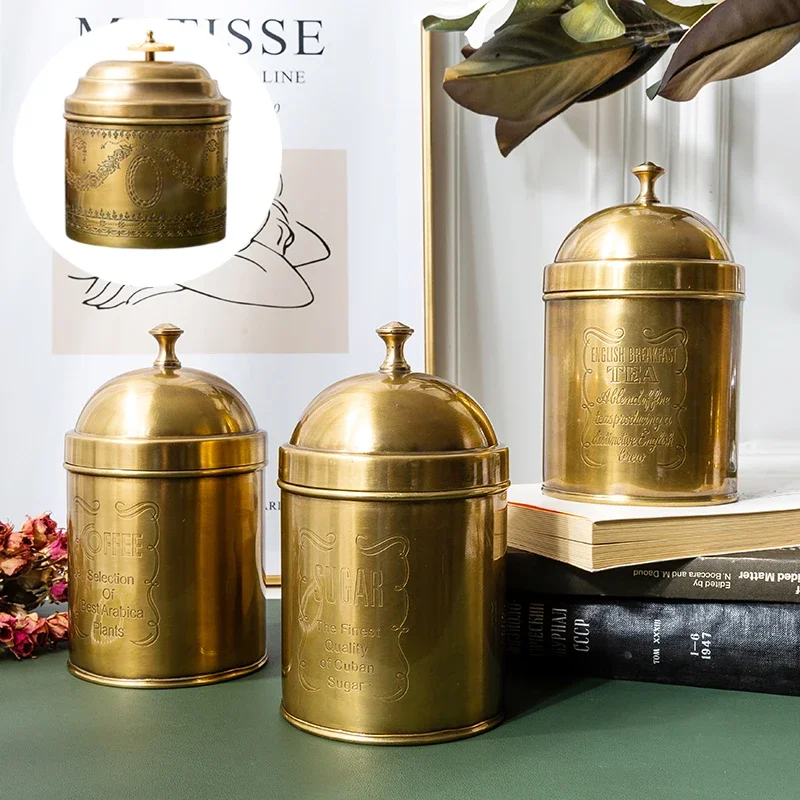 

Luxury Brass Canister for Coffee, Handcrafted Storage for Sugar, European American Style, Imported Carved Leaf Storage