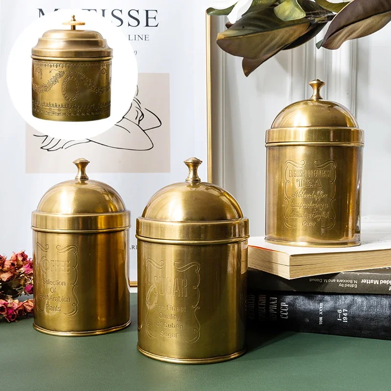 Luxury Brass Canister for Coffee, Handcrafted Storage for Sugar, European American Style, Imported Carved Leaf Storage