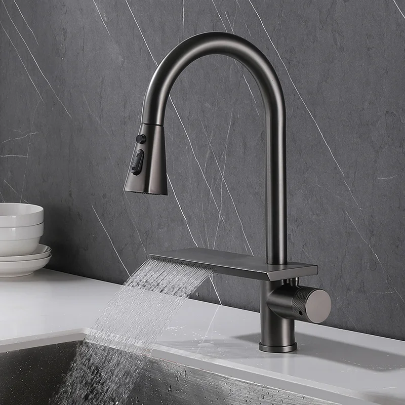 Waterfall Pull Out Kitchen Faucet Single Hole Deck Mounted Gunmetal/Matte Black Kitchen Water Mixer Tap