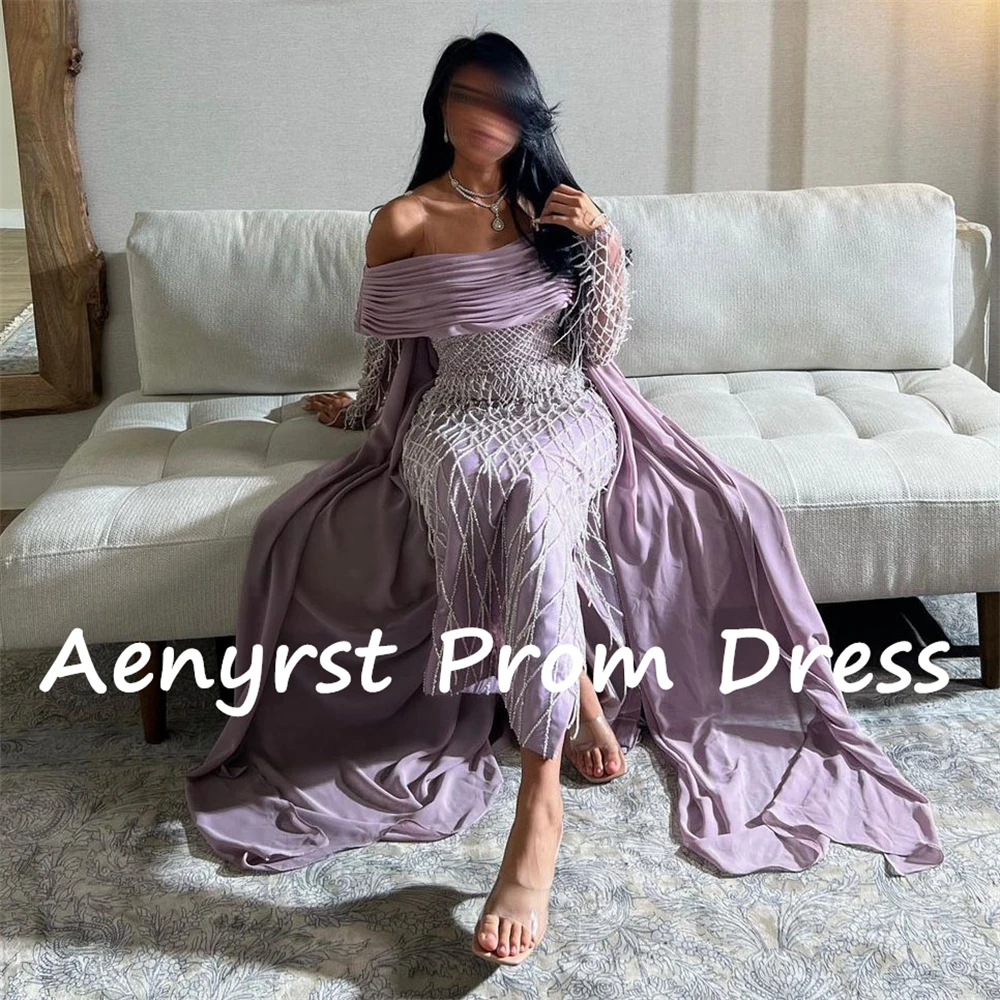 Aenyrst paars off-shoulder lange mouwen galajurk op maat gemaakte chiffon geplooide avondjurken enkellange formele gelegenheidsjurk