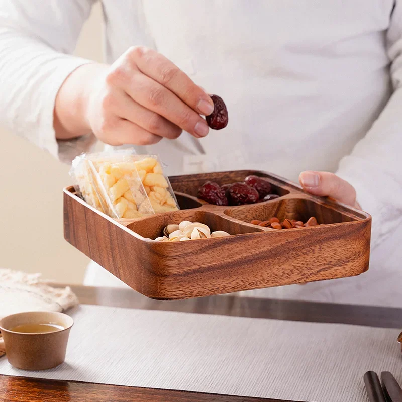 Walnut fruit plate four-grid household wood stackable whole wood sub-grid acacia fruit dried fruit snack plate