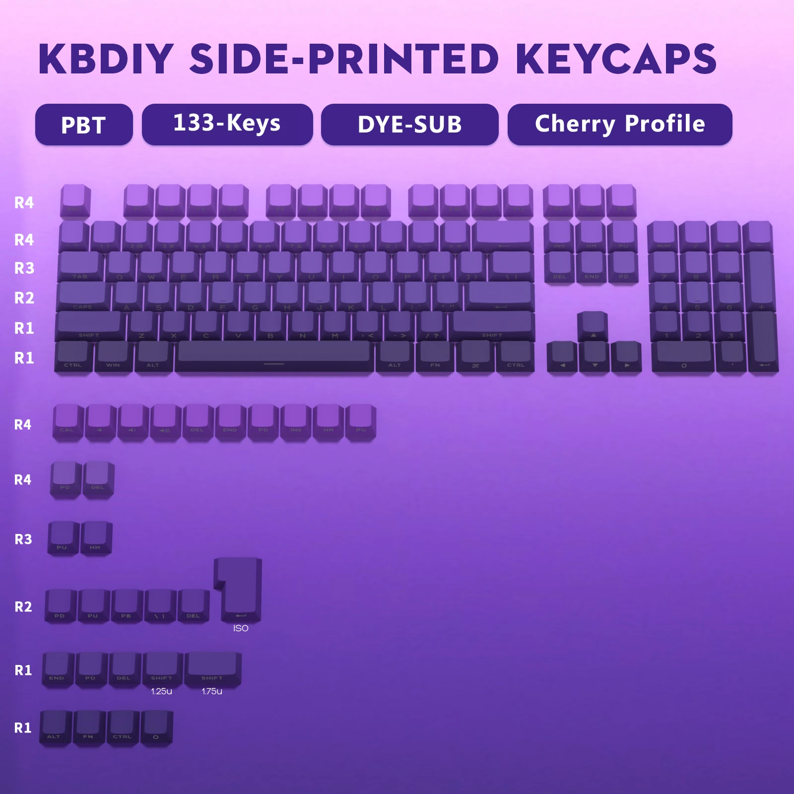 kbdiy keycap impresso lado double shot pbt gradiente roxo perfil cherry 133 chaves grupo interruptores mx teclado do jogo iso 01