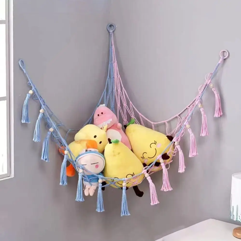 Wall Mount Toy Net Bag Hand-woven Cotton Rope Storage Triangle Hammock Triangle Design Reliable Dolls Storage Bag Dolls Stuffed