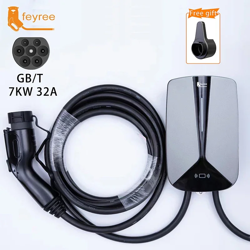 feyree EV Charger GB/T Plug Socket 32A 7.6KW 1Phase EVSE Wallbox Plug and Charge Model 5m Cable for Electric Vehicle Car Charger