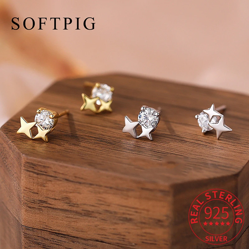 SOFTPIG Real 925 Sterling Silver Sparkling Zircon Star Stud Earrings for Women Cute Fine Jewelry Bohemian Accessories In Summer