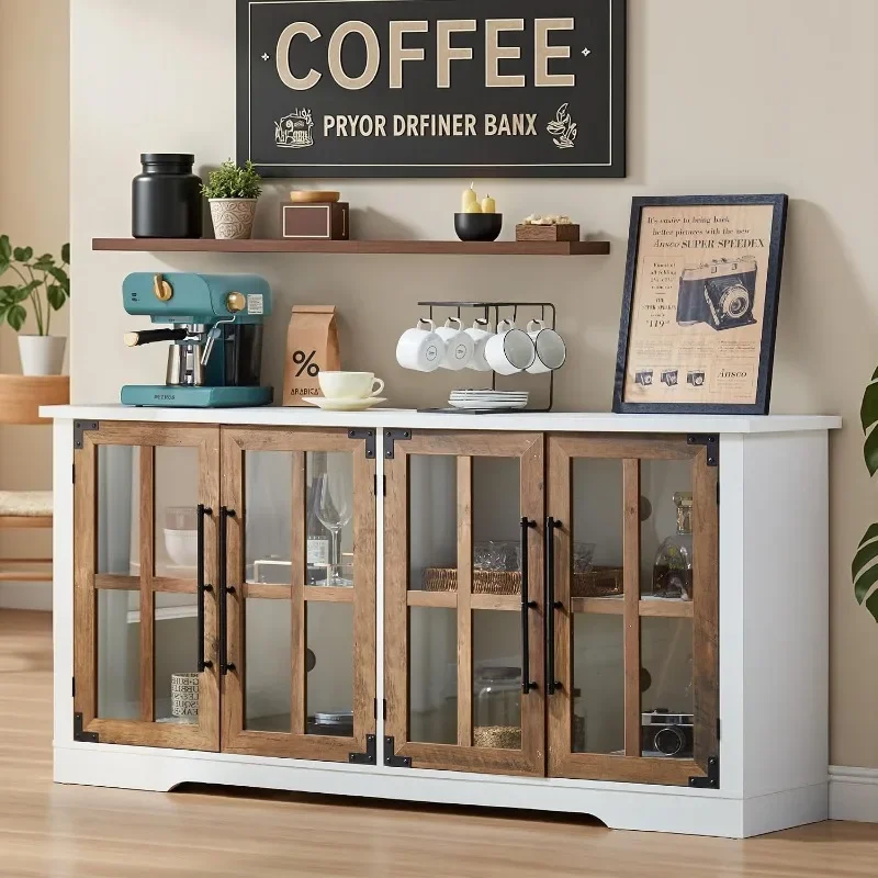 AMERLIFE Farmhouse Buffet Sideboard Cabinet with Glass Door,Large Storage Cabinet with Adjustable Shelf,Wooden Coffee BarStation