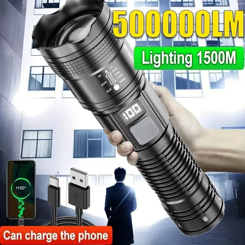 Super Bright Flashlight Built-in Battery USB C Rechargeable LED Flashlights 500000LM High Power Torch Lamp for Camping Lantern