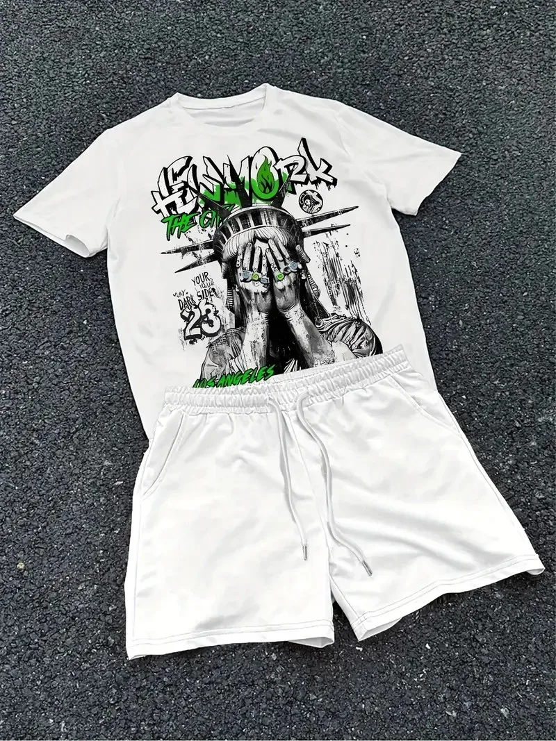 

Новый летний мужской комплект 2025 года с комфортом и мягкостью уличной повседневной моды в стиле хип-хоп с 3D-принтами.