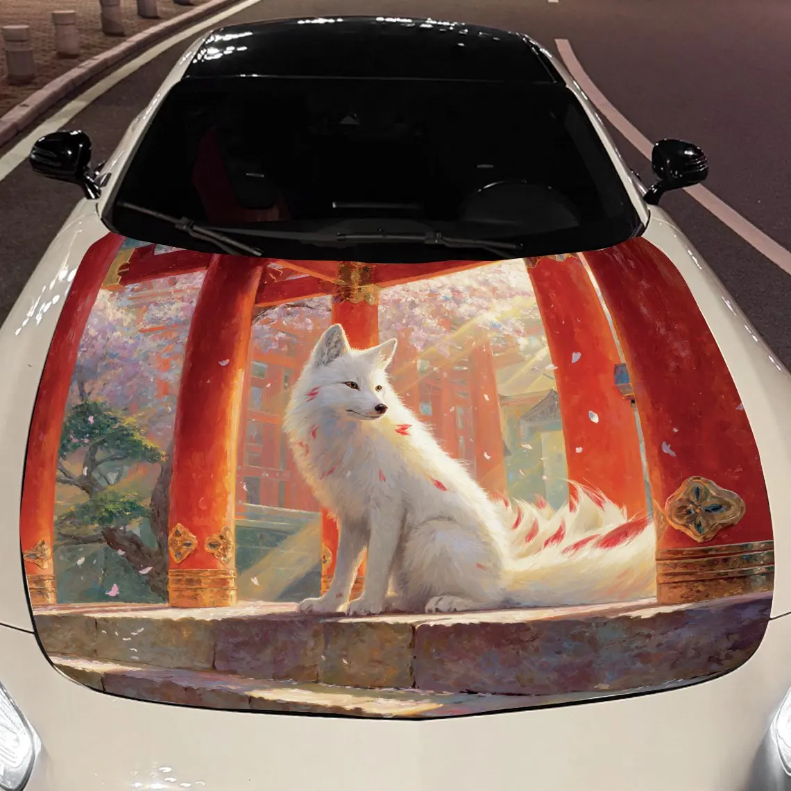 

Nine-tailed white fox Car hood packaging sticker, PVC material, self-adhesive waterproof, anti-slip paint, car exterior decorati