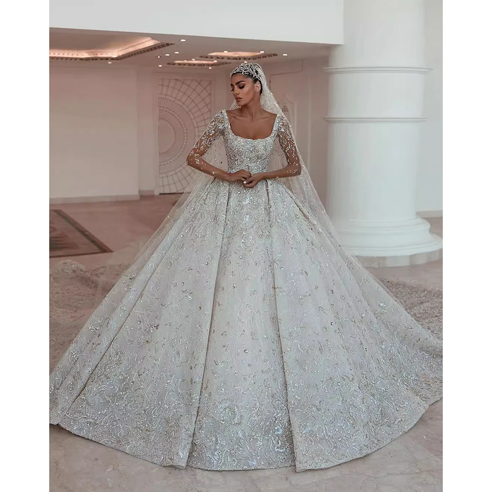 Luxuoso pescoço quadrado vestidos de casamento lantejoulas frisado renda ilusão mangas compridas vestido de noiva personalizado princesa vestido de noiva