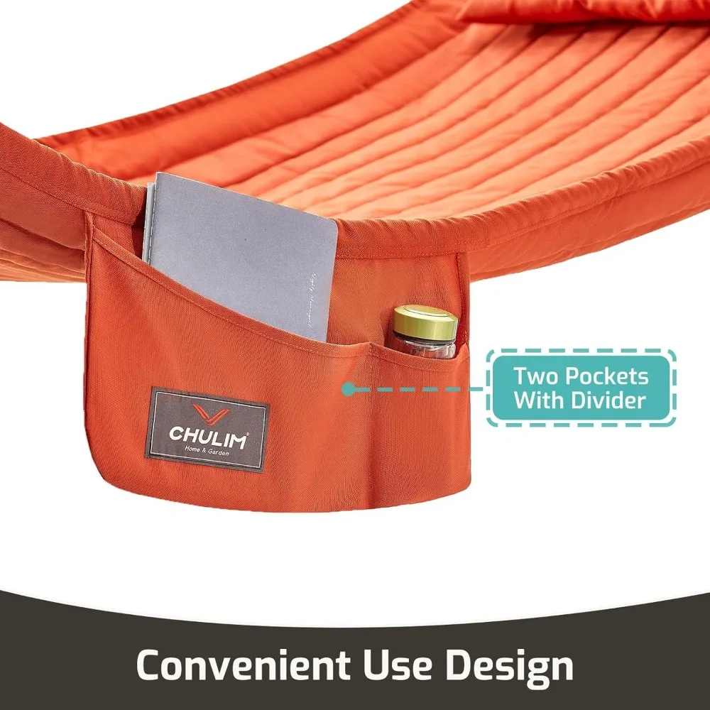 Rede grande para pátio externo para duas pessoas com tecido acolchoado duplo e barras espalhadoras de madeira dura, capacidade de 450 lb, pillo confortável