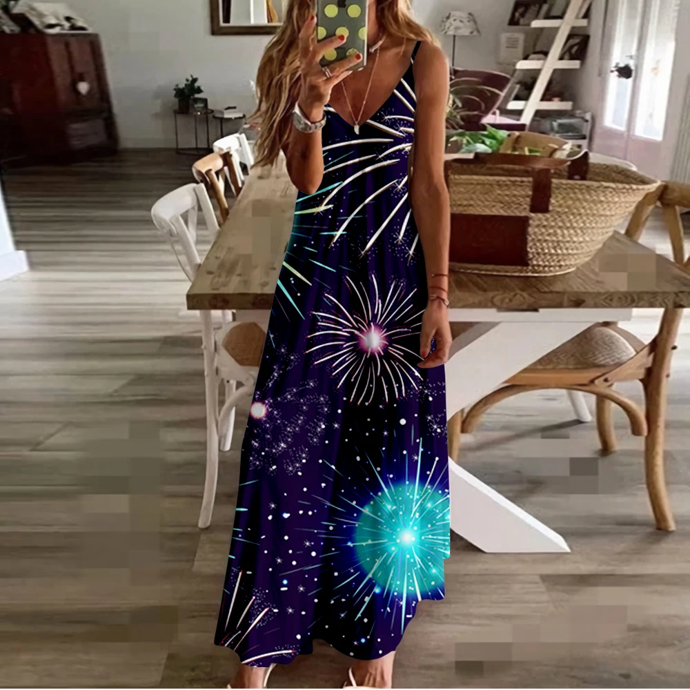 

Spring Summer Women V-Neck Fireworks Printed Sexy Beach Long Maxi Dress Split Sleeveless Clothing Holiday Vestido