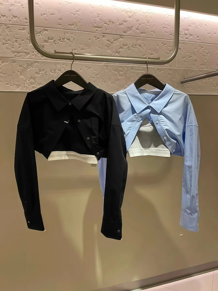 

Sexy Short Splice Shirt Women's Inner Wear Cotton Blend Spring 2026 Alexander-Bird Brand UV Protection High Waist Flip Collar