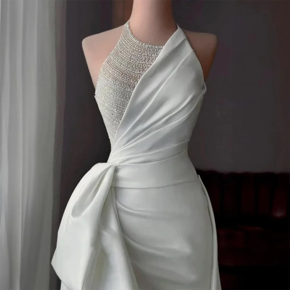 Elegant Halter Ruched Sleeveless Sashes Lace Up Straight Bride Wedding Dresses Bridal Gowns Customized