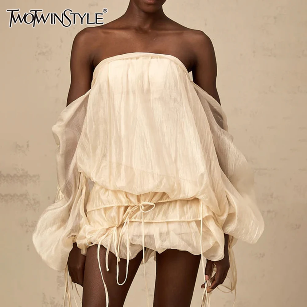 

TWOTWINSTYLE Solid Loose Spliced Mesh Mini Dresses for Women Strapless Long Sleeves Patchwork Lace Up Fashion Dress Female New