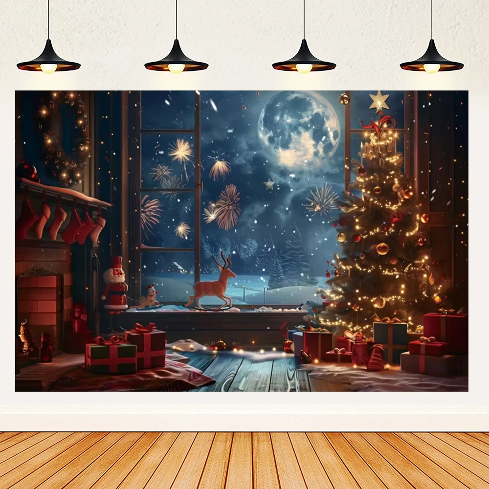 Christmas Tree Window Snowman Theme Winter Xmas Tree Red Curtain Window Santa Claus Child Birthday Photo Background Photo Zone