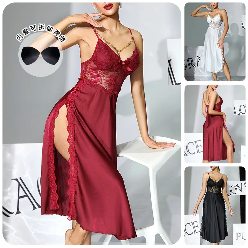 Seductive Satin Lace Chemise High Slit Nightgown Built-in Removable Pads Adjustable Spaghetti Straps Elegant Nightwear for Women