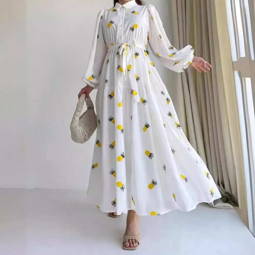 Sukienki damskie maxi z długim rękawem, kołnierzykiem i nadrukiem owoców, w stylu bohemy, sznurowane, Vestidos 2025 Jesień