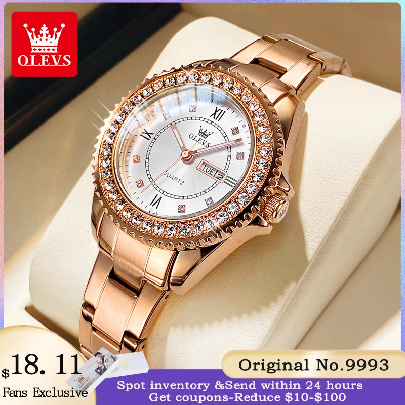 OLEVS 9993 Women's Watch Top Luxury Brand Quartz Watch Elegant Date Week Diamond dial Waterproof Women's Bracelet Set Reloj Muje