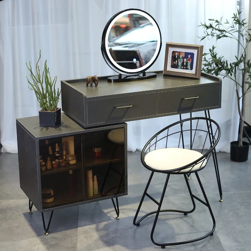 Brown Minimal Dresser Drawers Handles Aesthetic Modern Led Bedroom Makeup Table Mirror Women Mesa De Maquillaje Furniture