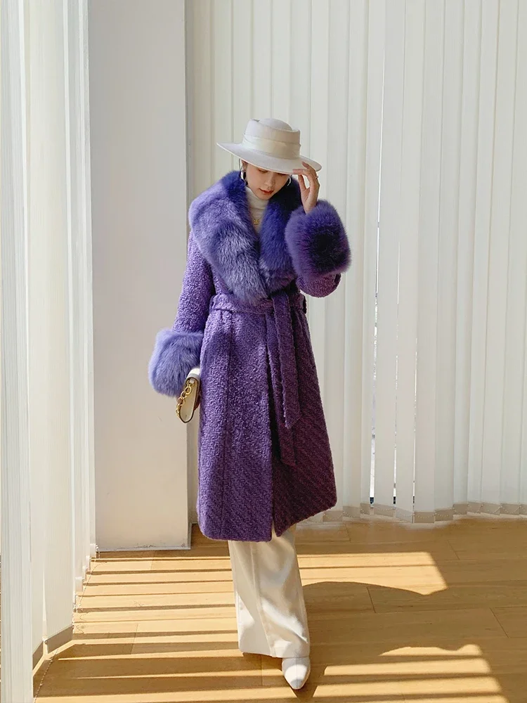 

2025 Wool Blends Real Fur Coat Winter Jacket Women Plaid Fox Fur Collar Cuffs Tweed Women X-Long Slim Belt Thick Warm New