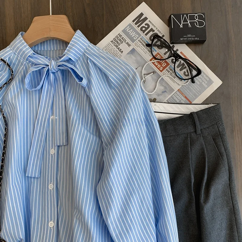 taglie forti 300 Pou Nodo a righe blu da donna irt Primavera Estate Autunno Abbigliamento interno Lungo Sve Loose Fit Ne