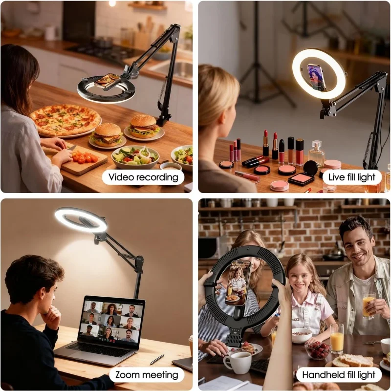 Magnetic Overhead Phone Mount with 10” Ring Light, 5000mAh Flexible Articulating Circle Lamp Table Tripod, Phone Stand for Video Recording Cooking Nail, Zoom Meeting view 7