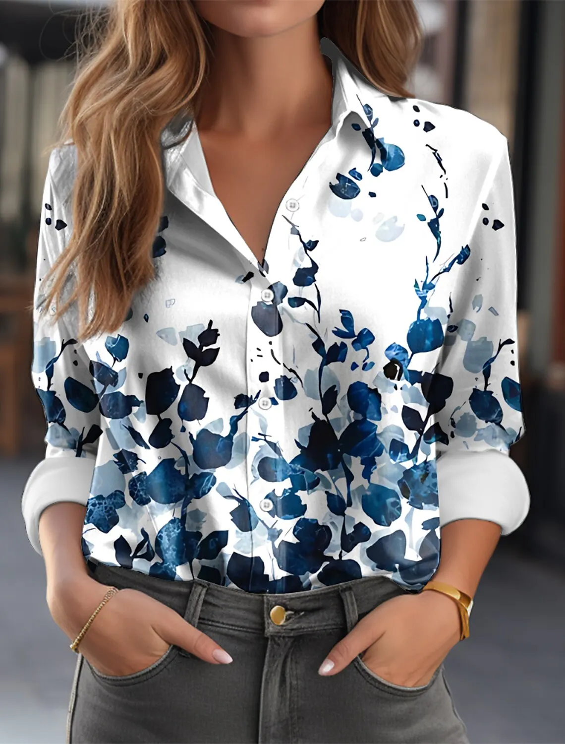 2024 Spring Summer Women\'s Shirt Fashion Office Flare Flower Printed Top Vintage Lapel Long Sleeve Loose Blouse Blusas Mujer