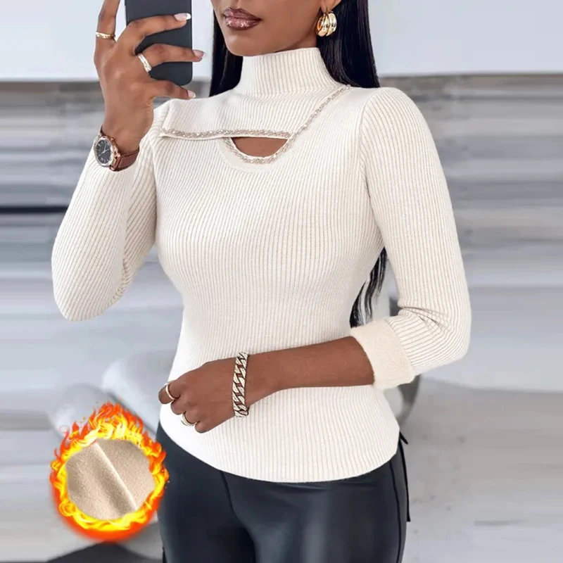 Outono inverno camisola de gola alta feminina manga longa lã quente blusas para mulheres casual oco para fora topos jumper moda pulôver