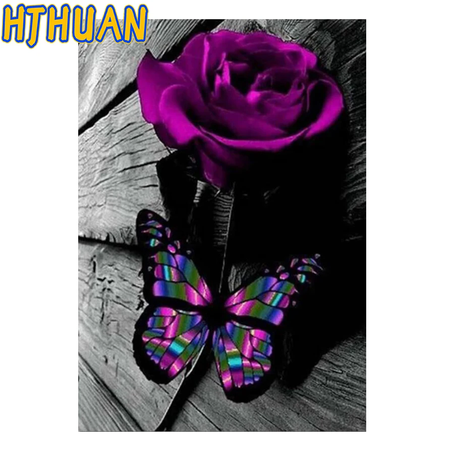 

full Drill Art 5D Diamond Painting Purple Rose Flower Color Butterfly Full Square Round diamond Mosaic Modern Simplicity Kit