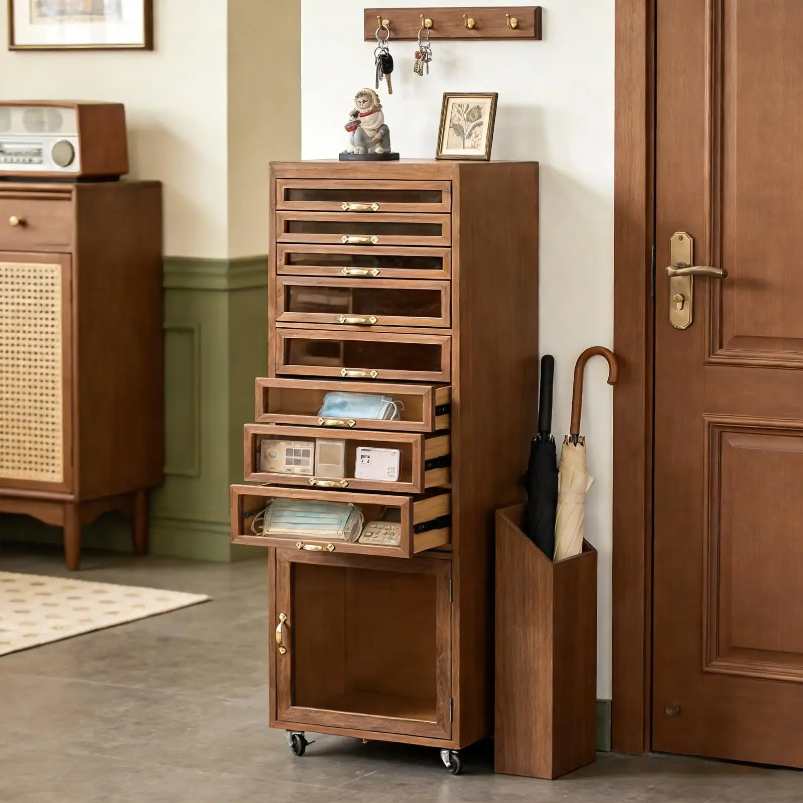 Free Standing Wooden Jewelry Armoire With Wheels Multi Layer Storage Organizer For Necklace Earring Bracelet Makeup