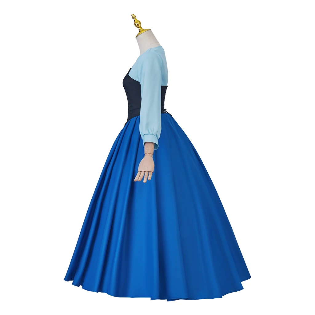 Ariel Princess Cosplay Costumes Long Sleeved Waist Blue Gown Dress  With Bowknot Adult Women Halloween Carnival Outfits