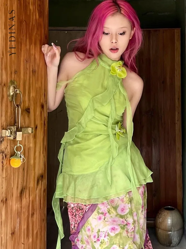 Yedinas Asymmetrical Fairycore Green Halter Tops Sleeveless Tshirts Summer Tops Korean Fashion Chiffon Tank Tops Chic Tanks Y2k