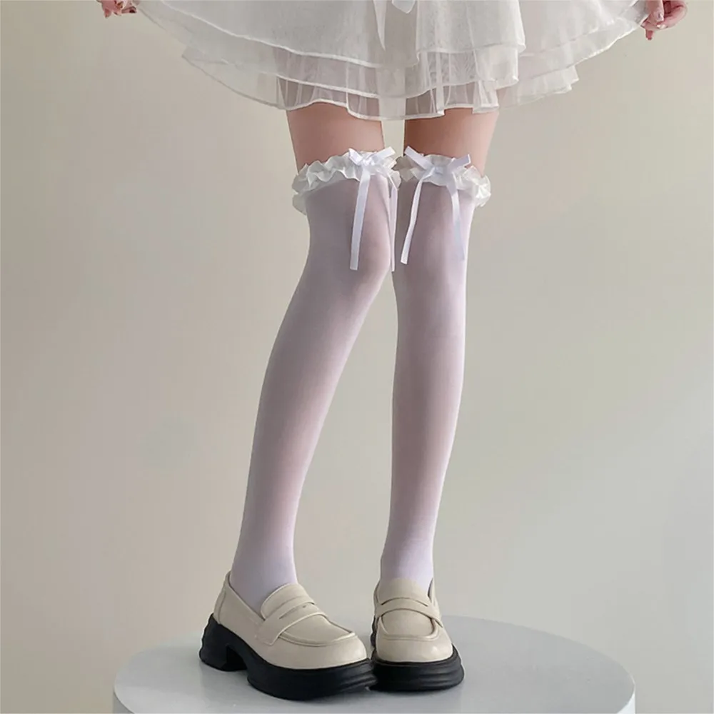

White bow over the knee women's thin lace Lolita long tube lace milk white ballet thigh socks in spring and summer.